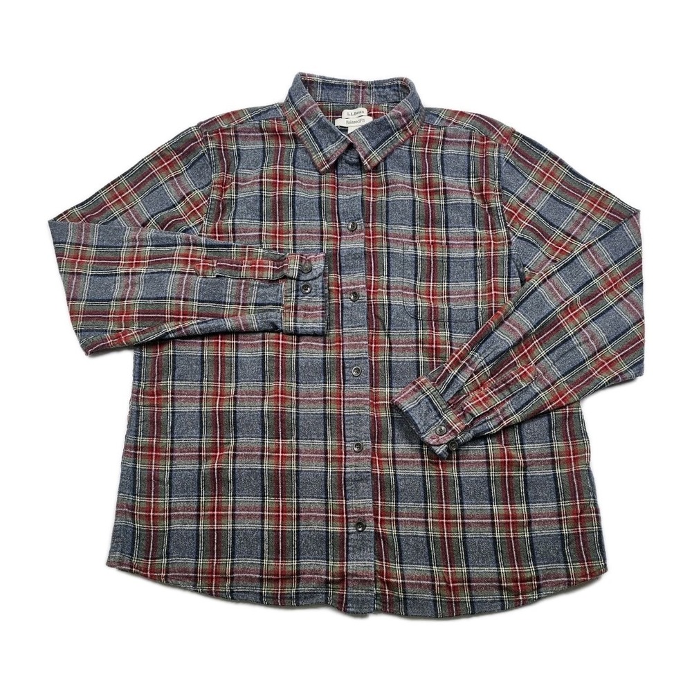 LL Bean Relaxed Fit Mens Large Grey Red Scotch Plaid Flannel Button‎ up 273137